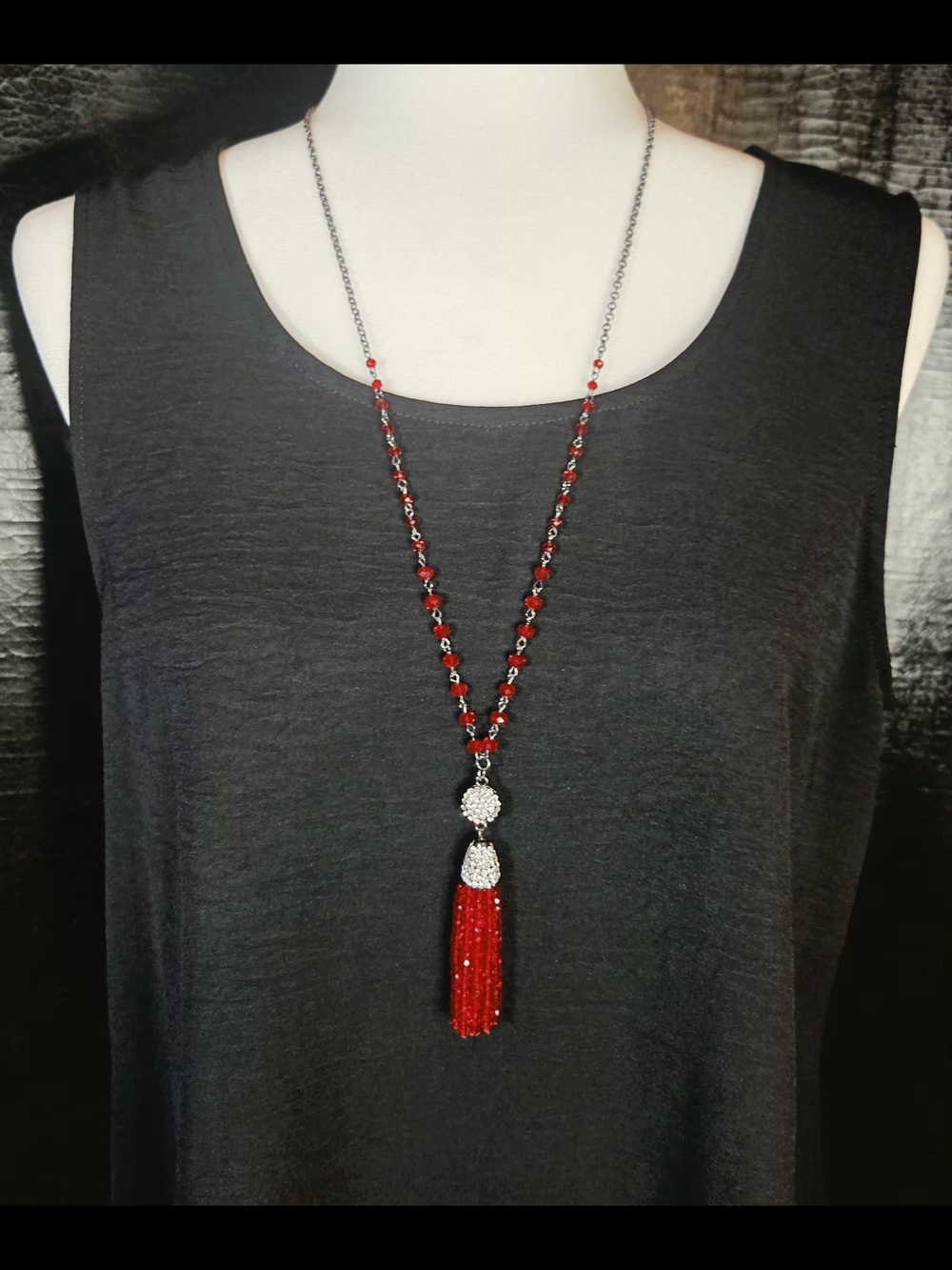 Vintage Stein Mart Long Red Crystal Beaded Rhinestone Tassel Necklace NWT